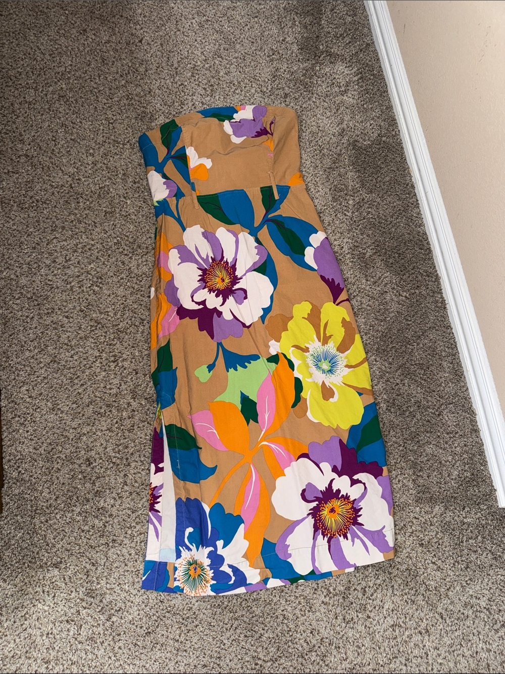 Maeve Strapless Floral Midi Dress in Neon, Blue, Purple, Tan